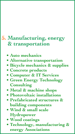 





5. Manufacturing, energy 
    & transportation

    • Auto mechanics
    • Alternative transportation
    • Bicycle mechanics & supplies
    • Concrete products
    • Computer & IT Services
    • Green Energy Technology      
       Consulting
    • Metal & machine shops
    • Photovoltaic installations
    • Prefabricated structures &
       building components
    • Wind & small scale
       Hydropower
    • Wood coatings
    • Technology, manufacturing &
       energy Associations